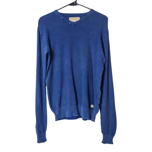 Color Siete Men's Textured Cotton V Neck Sweater Elbow Patches Blue Small - Picture 2 of 13